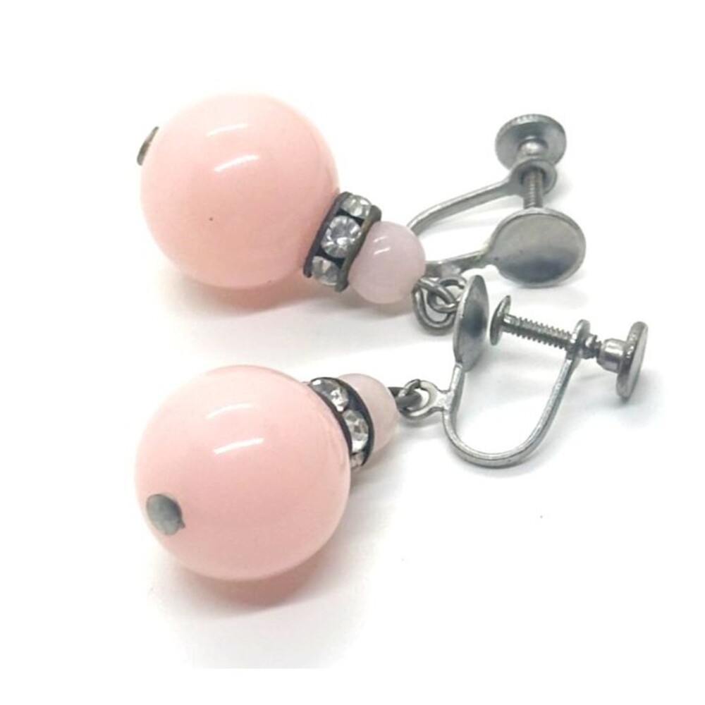 Pink Acrylic Bead Dangles Earrings Crystal Pave Halos Screw Back Retro Mod